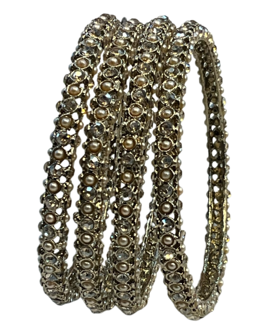 Pearl / Gold Stone - Antique Gold Finish Bangles Set (Set of 4) - UK stock - SM, M, L, XL NBA2161 11Tp25