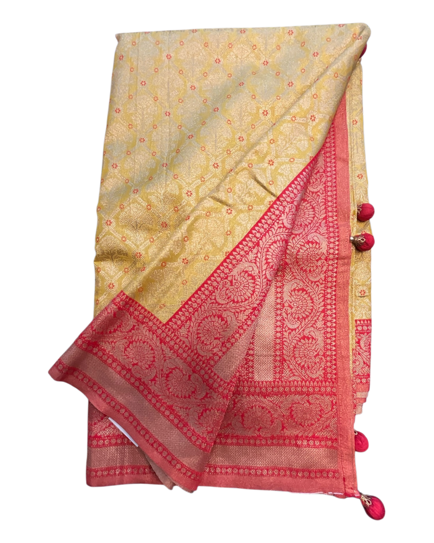 Yellow / Red - Silky Handloom Banarasi Saree with Blouse Piece -  12TY25 REW1048