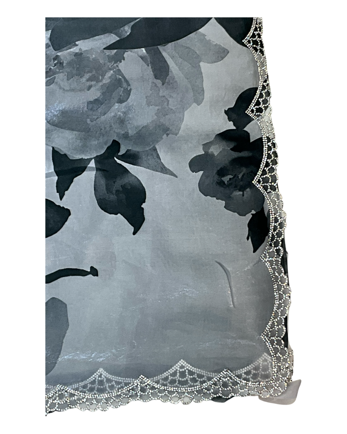 Dark Grey Floral - Classic Satin Crepe Saree with Stone Work and Blouse Piece - UK stock - 24hr Dispatch - RS2535 VR