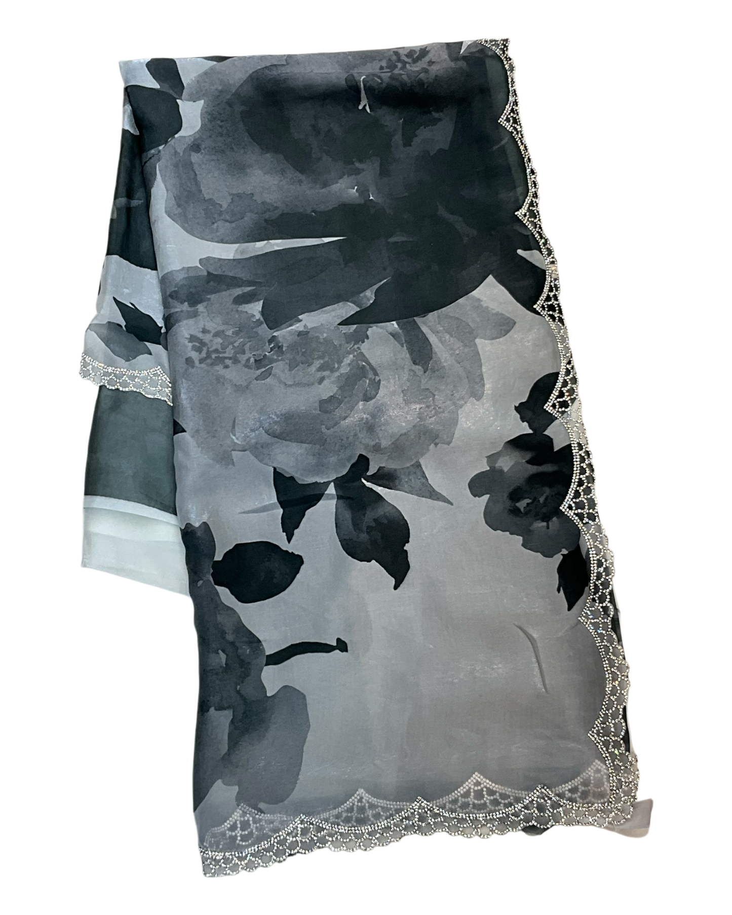 Dark Grey Floral - Classic Satin Crepe Saree with Stone Work and Blouse Piece - UK stock - 24hr Dispatch - RS2535 VR