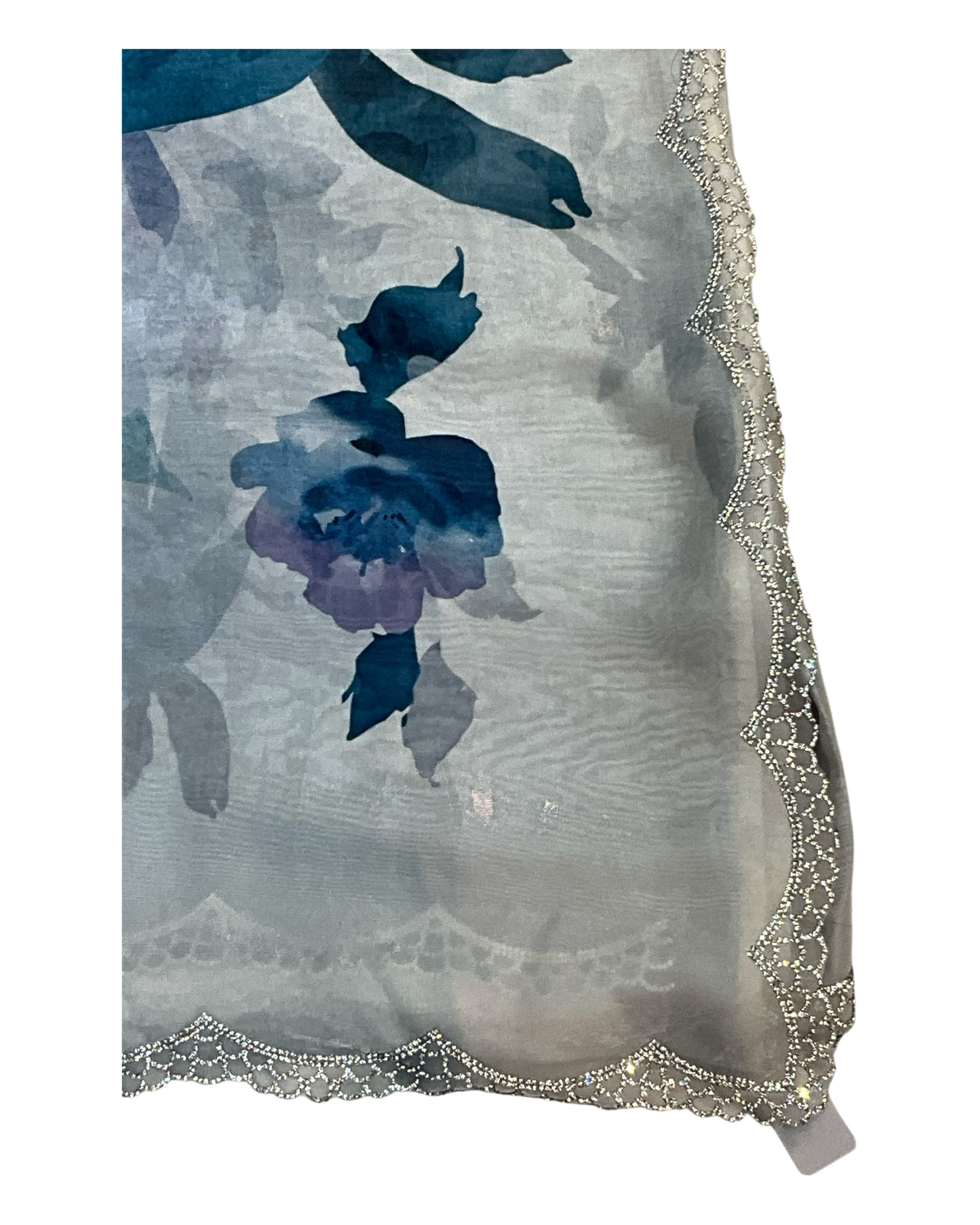 Teal Floral - Classic Satin Crepe Saree with Stone Work and Blouse Piece - UK stock - 24hr Dispatch - RS2535 VR