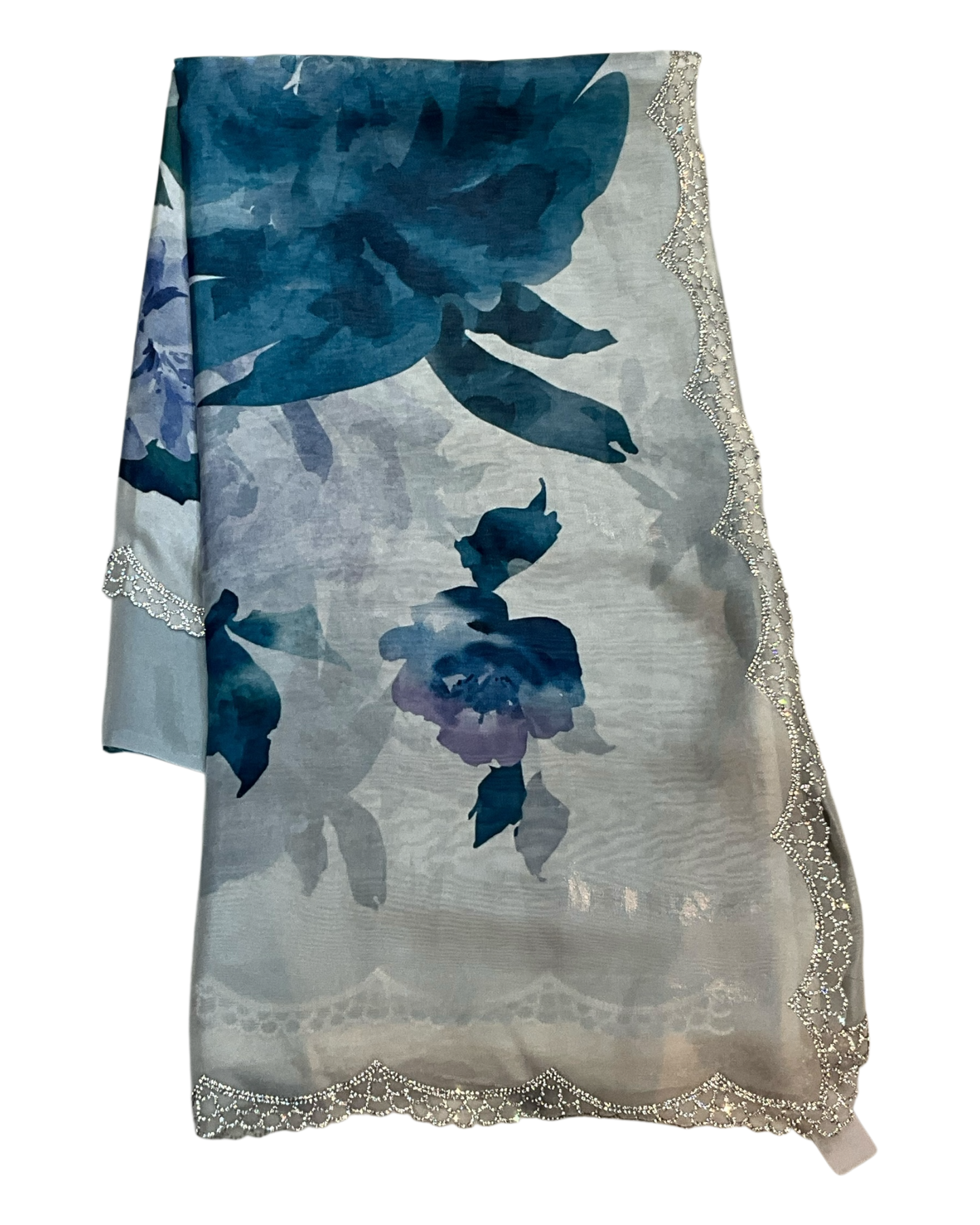 Teal Floral - Classic Satin Crepe Saree with Stone Work and Blouse Piece - UK stock - 24hr Dispatch - RS2535 VR