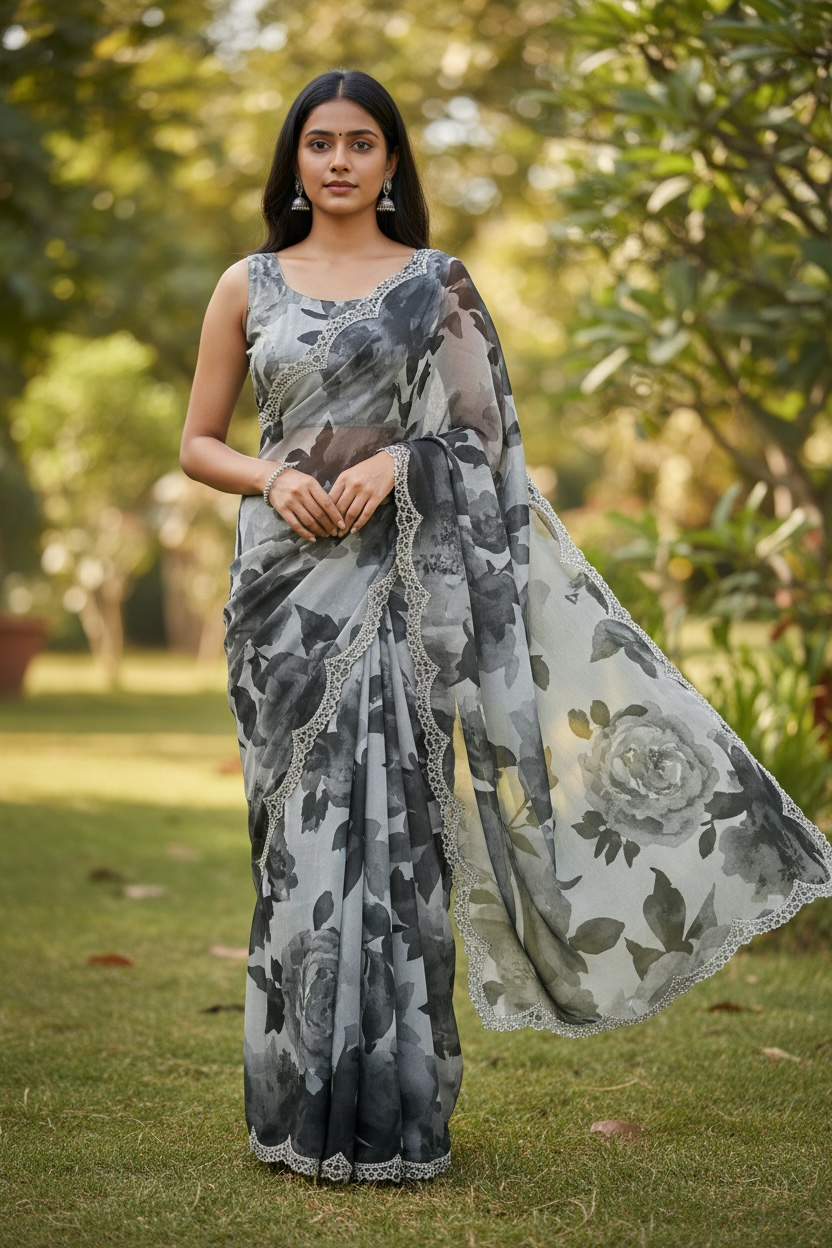 Dark Grey Floral - Classic Satin Crepe Saree with Stone Work and Blouse Piece - UK stock - 24hr Dispatch - RS2535 VR