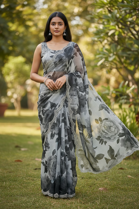 Dark Grey Floral - Classic Satin Crepe Saree with Stone Work and Blouse Piece - UK stock - 24hr Dispatch - RS2535 VR