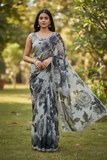 Dark Grey Floral - Classic Satin Crepe Saree with Stone Work and Blouse Piece - UK stock - 24hr Dispatch - RS2535 VR