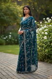 Teal - Rich Saree with Allover Sequins Work and Blouse Piece - UK stock - 24hr Dispatch - RS2503 JV