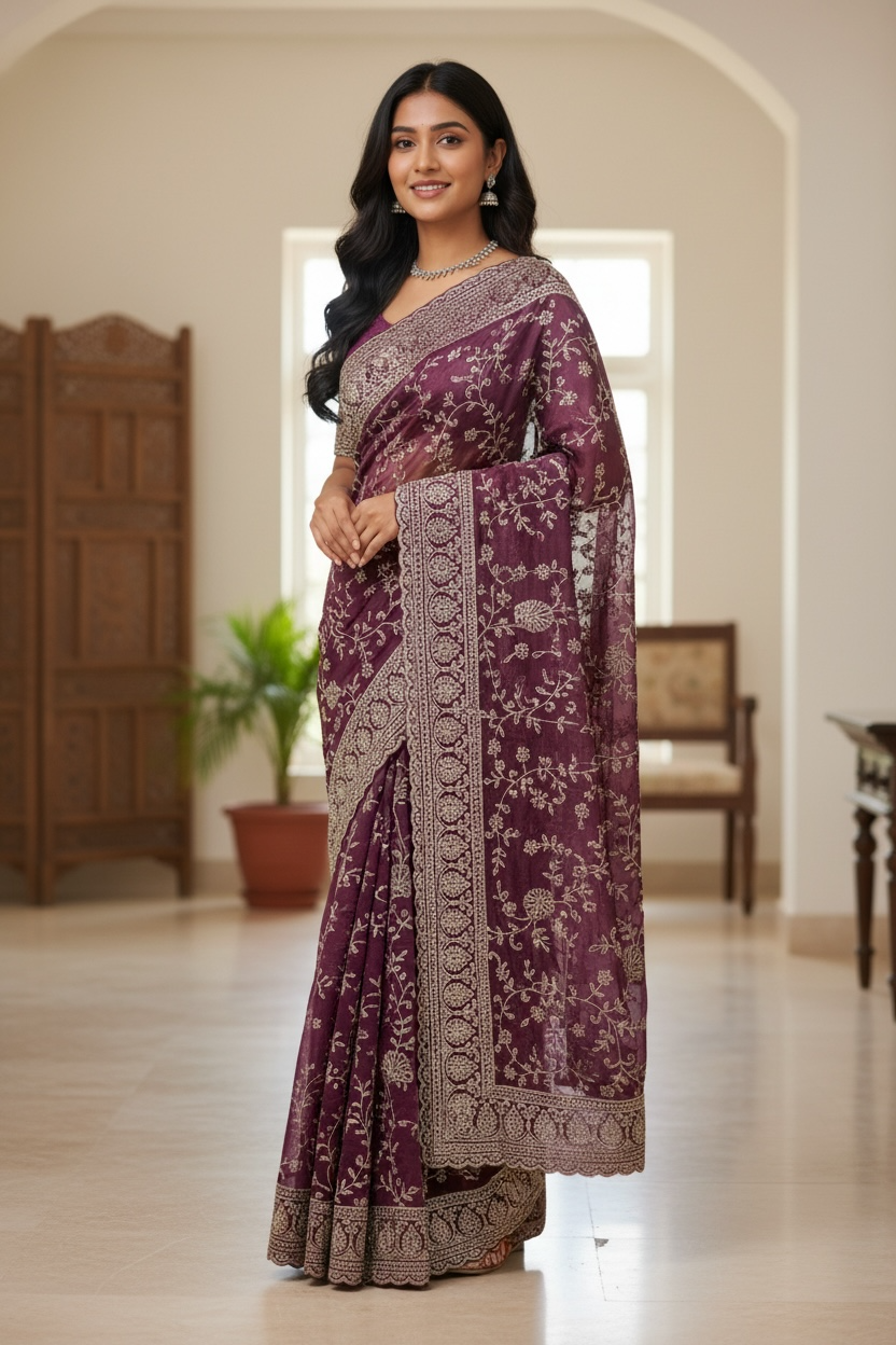 Pink - Rich Saree with Allover Embroidery and Blouse Piece - UK stock - 24hr Dispatch - RS2507 PT