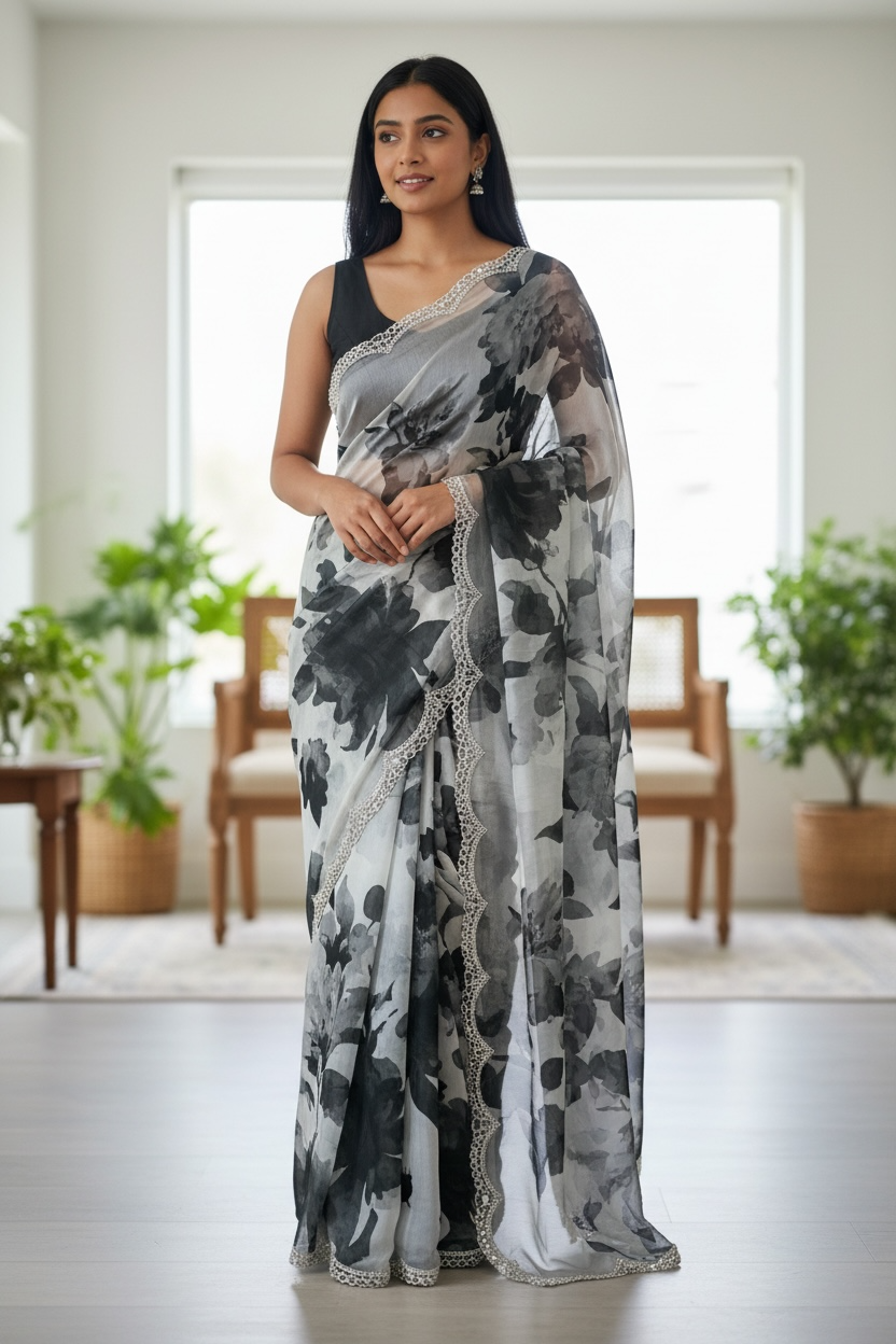 Grey Floral - Classic Satin Crepe Saree with Stone Work and Blouse Piece - UK stock - 24hr Dispatch - RS2535 VR