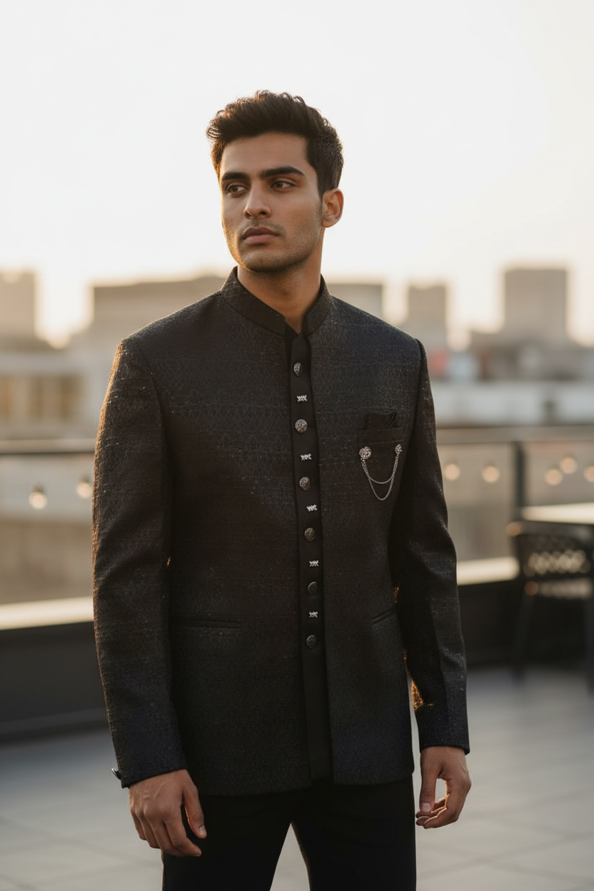 Black - PREMIUM Slim Fit Mens BandhGala / Prince / Chinese Collar Open Jacket with inside Waistcoat- Fantastic Fit - 01JT26 CS2601