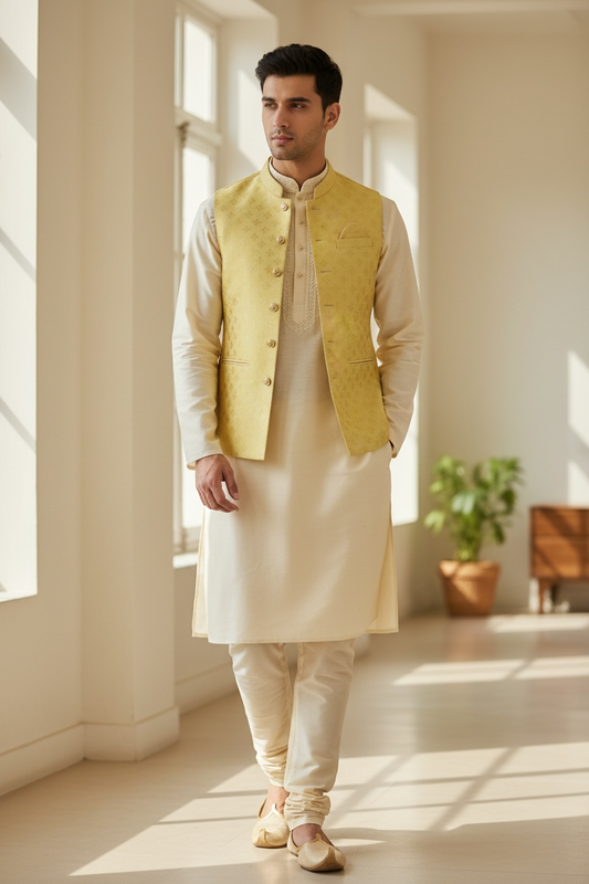 Light Yellow - Rich Brocade - Mens Traditional Waistcoat - UK Stock - VNS-JKT2601 02KV26