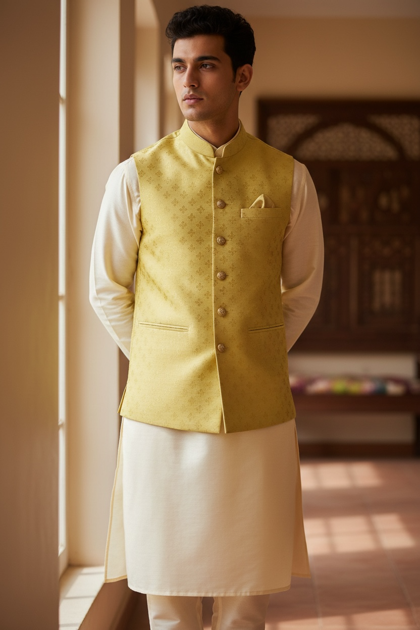 Light Yellow - Rich Brocade - Mens Traditional Waistcoat - UK Stock - VNS-JKT2601 02KV26