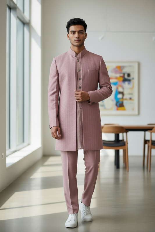 Dusty Pink - Mens Kurta Set with Rich Long Jacket - UK Stock - 24h Dispatch - HHF2411 TV 0624