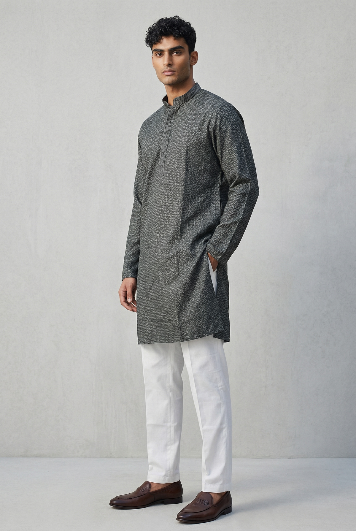 Dark Grey - Rich Sequins Lucknowi Chiffon Mens Indian Kurta Set with Smart Pants - Weddings / Walimas , Sangeet, Eid, Mehndi / Henna - KCS1261 VP 0225