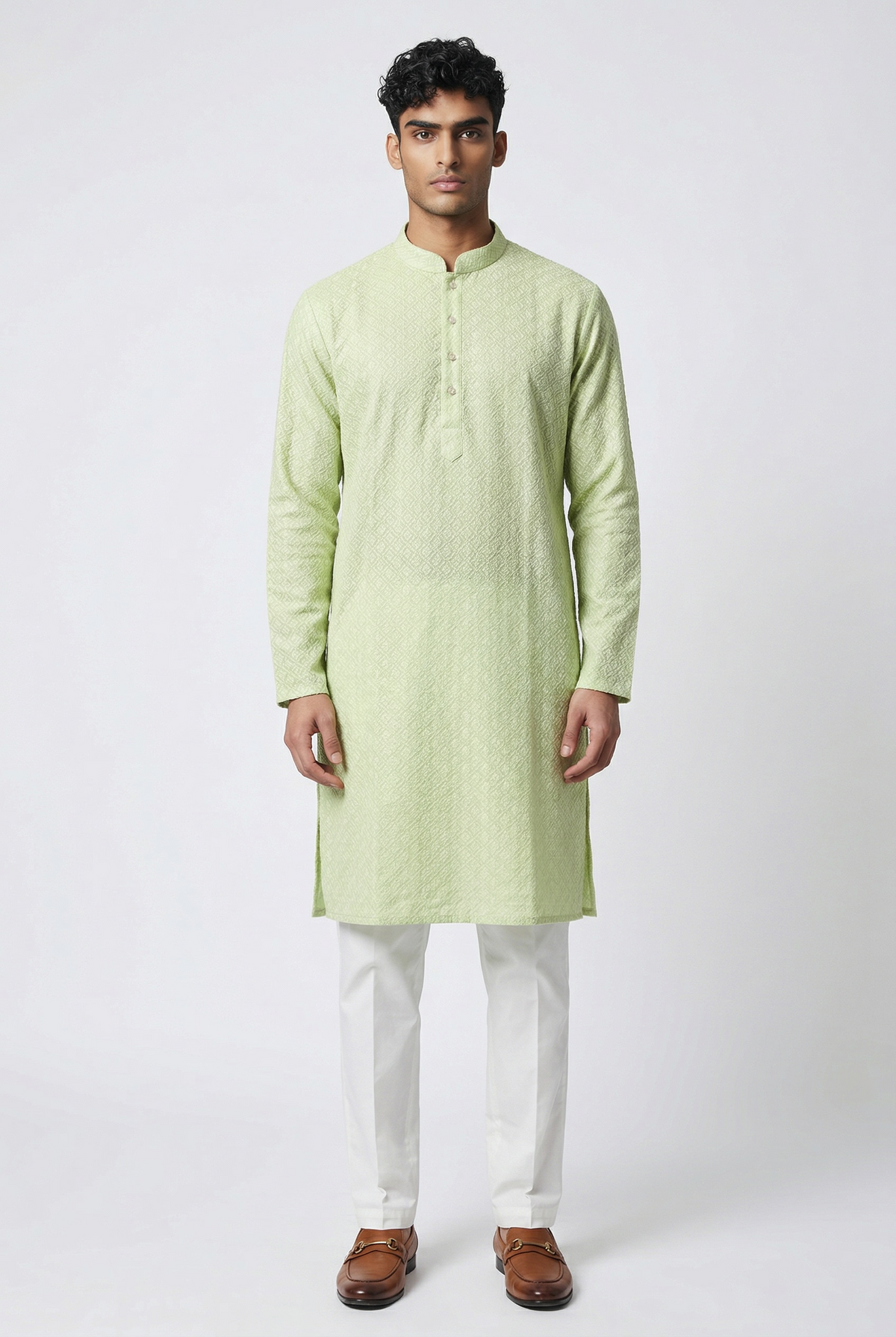 Light Pista Green - Rich Lucknowi Mens Indian Kurta set with Elasticated smart Pants - Weddings / Walimas , Sangeet, Eid, Mehndi / Henna - KCS1037 VR 0225
