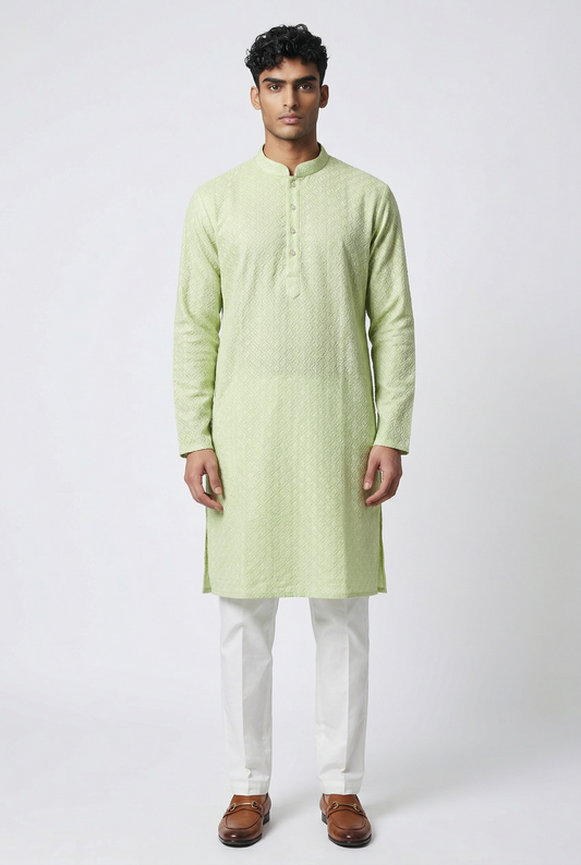 Light Pista Green - Rich Lucknowi Mens Indian Kurta set with Elasticated smart Pants - Weddings / Walimas , Sangeet, Eid, Mehndi / Henna - KCS1037 VR 0225