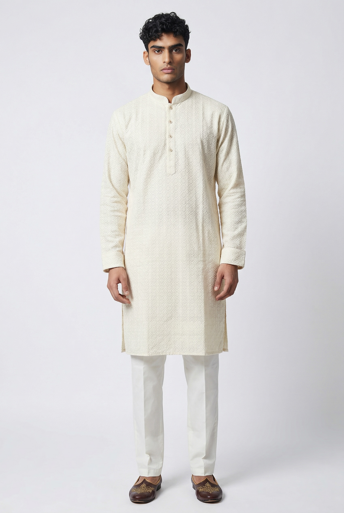 Cream - Rich Lucknowi Mens Indian Kurta set with Elasticated smart Pants - Weddings / Walimas , Sangeet, Eid, Mehndi / Henna - KCS1037 VR 0225