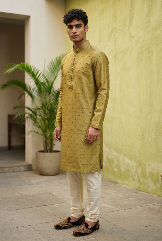 Mehndi Yellow - Brocade -  Mens Indian Kurta set - Weddings / Walimas , Sangeet, Eid, Mehndi / Henna - NAD2510 01KR25
