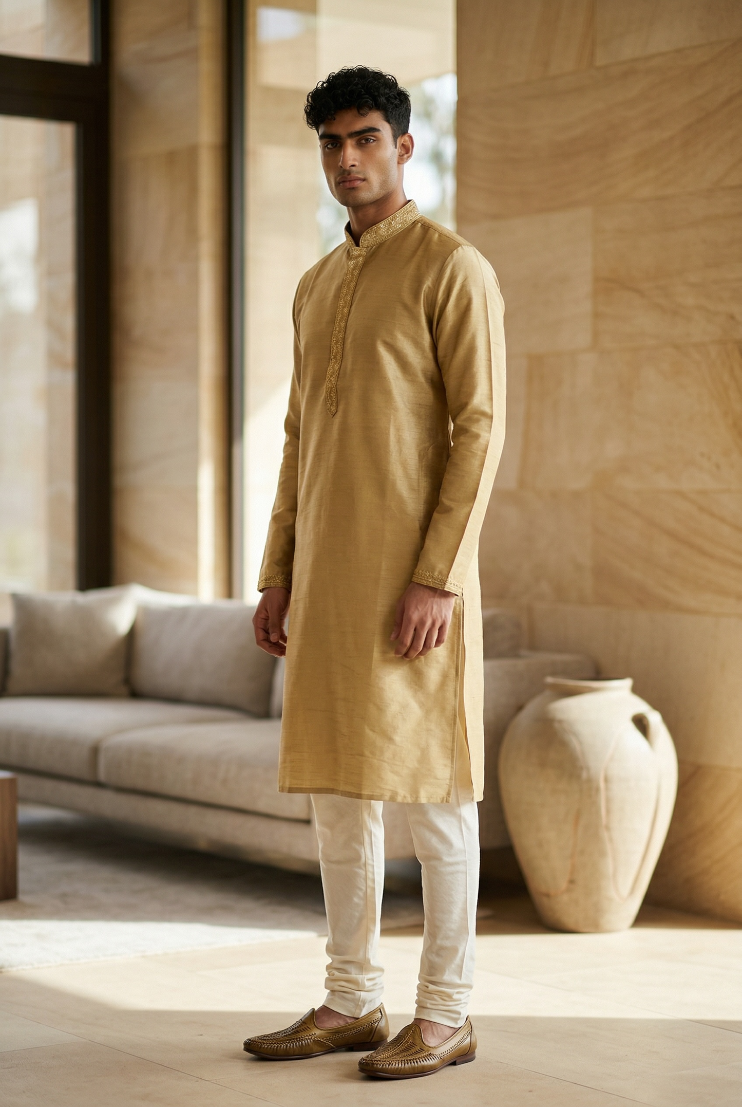 Gold - Silky -  Mens Indian Kurta set - Weddings / Walimas , Sangeet, Eid, Mehndi / Henna - NAD2511 01KJ25