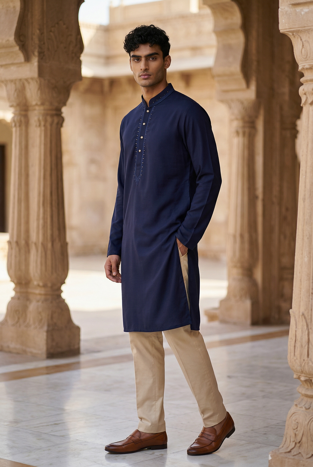 Navy Blue - Linen -  Mens Indian Kurta set - Weddings / Walimas , Sangeet, Eid, Mehndi / Henna - NAD2507 01KA25