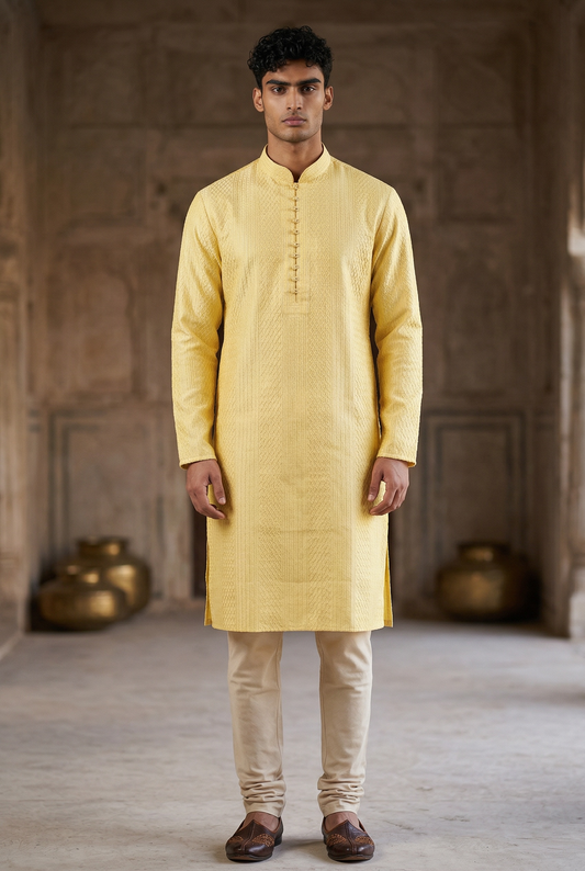 Light Yellow - Fantastic Mens Indian Kurta set - Weddings / Walimas , Sangeet, Eid, Mehndi / Henna - NAD2504 01KR25
