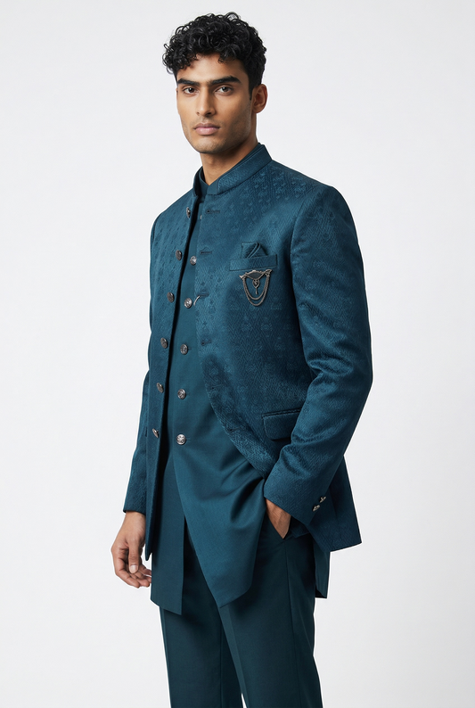 Teal - PREMIUM Slim Fit Mens Self Brocade BandhGala / Prince / Chinese Collar Jacket with Long inside Waistcoat - Fantastic Fit - CS2505 01PY25