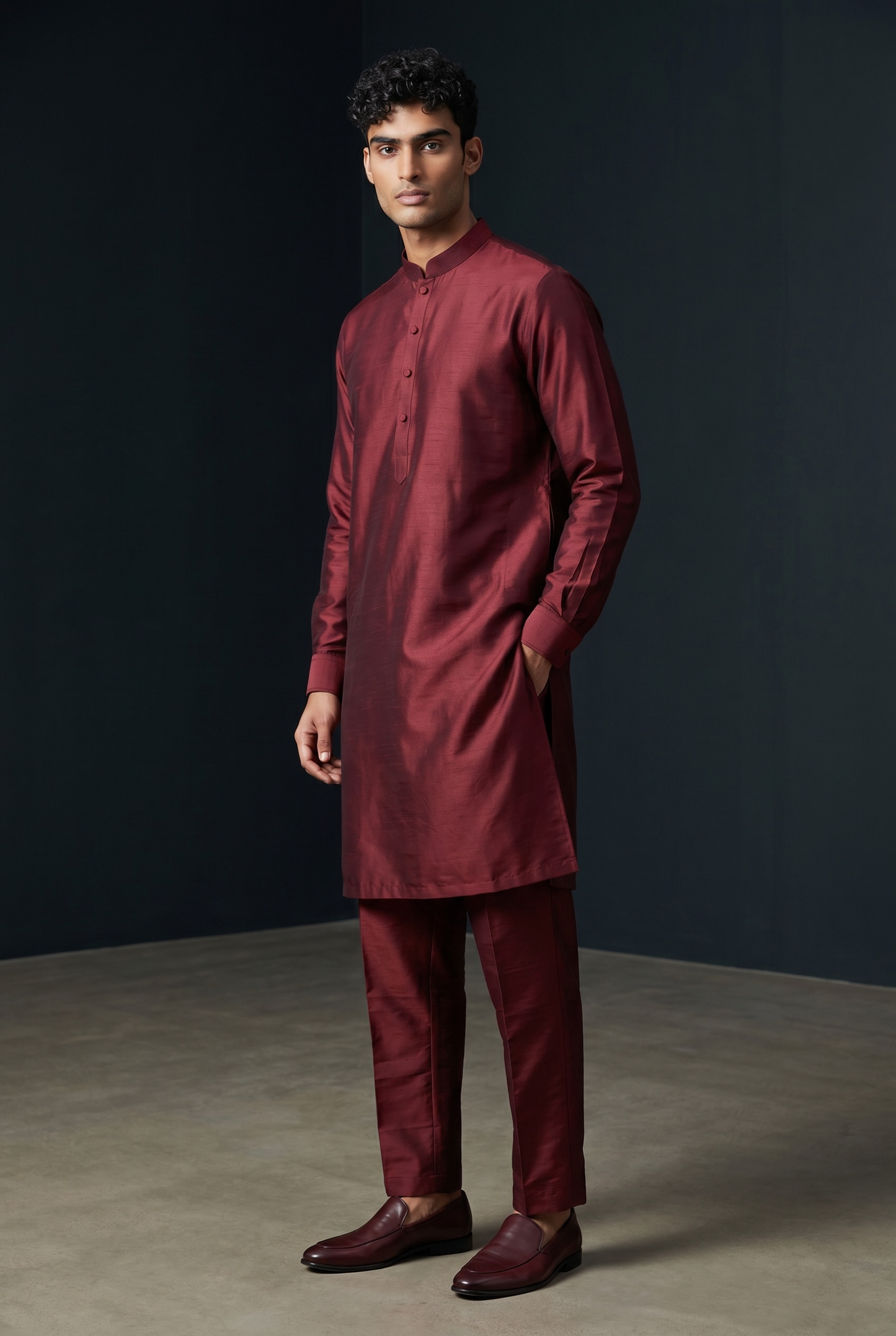 Maroon - Plain Silky Mens Indian Kurta set with Trousers - UK Stock - Weddings / Walimas , Sangeet, Diwali, Eid, Mehndi / Henna - EM66 05KJ26