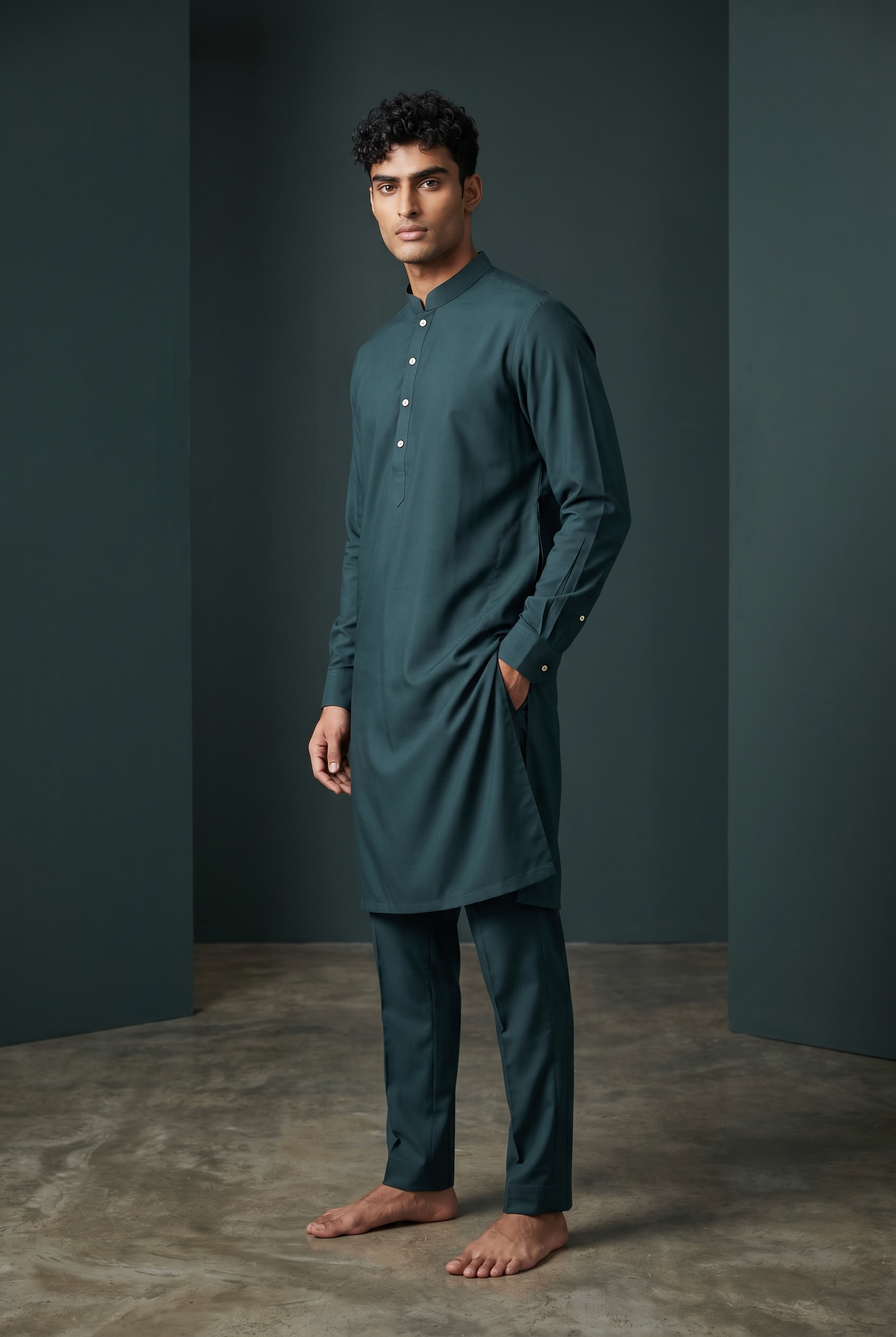 Dark Teal / Rama - Plain Silky Mens Indian Kurta set with Trousers - UK Stock - Weddings / Walimas , Sangeet, Diwali, Eid, Mehndi / Henna - EM66 05KJ26