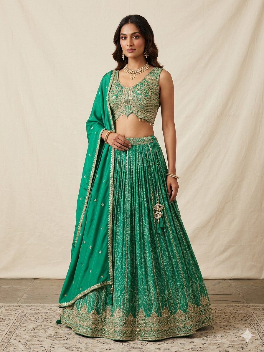 Size UK 12 (38" Bust) Adjustable to Size 14 - Green - Rajasthani Print Silky Lehenga Set - Mehndi / Sangeet / Bridesmaids / Weddings / Garba  - UK Stock - 24h Dispatch - OC72021 05PH26