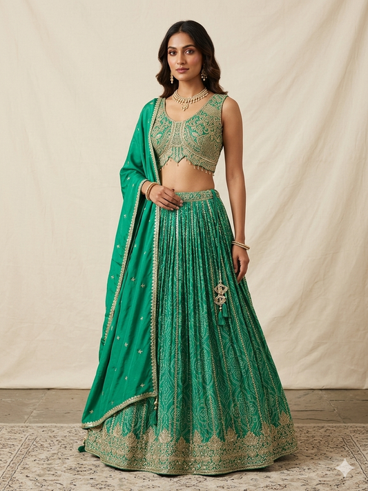 Size UK 12 (38" Bust) Adjustable to Size 14 - Green - Rajasthani Print Silky Lehenga Set - Mehndi / Sangeet / Bridesmaids / Weddings / Garba  - UK Stock - 24h Dispatch - OC72021 05PH26