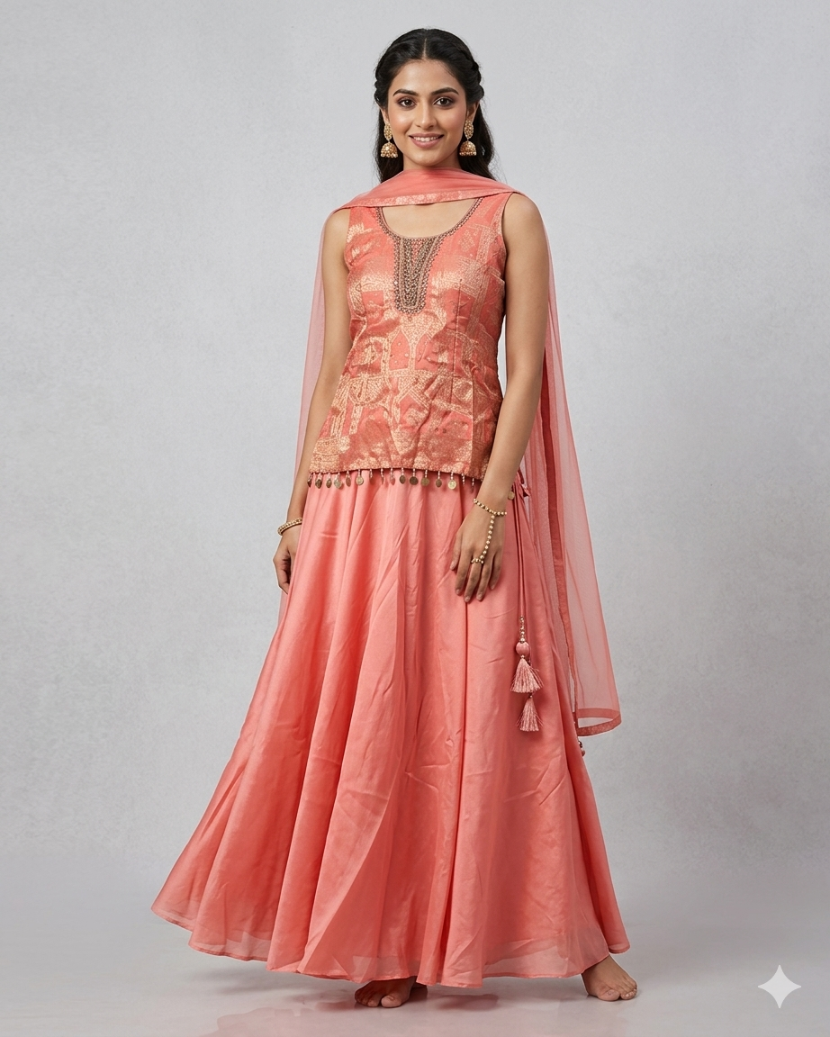 UK 14 / 40" - Coral Pink - Ladies Sharara / Palazzo Trousers Suit - UK Stock - Sangeet / Henna / Weddings - DIL86058 TP