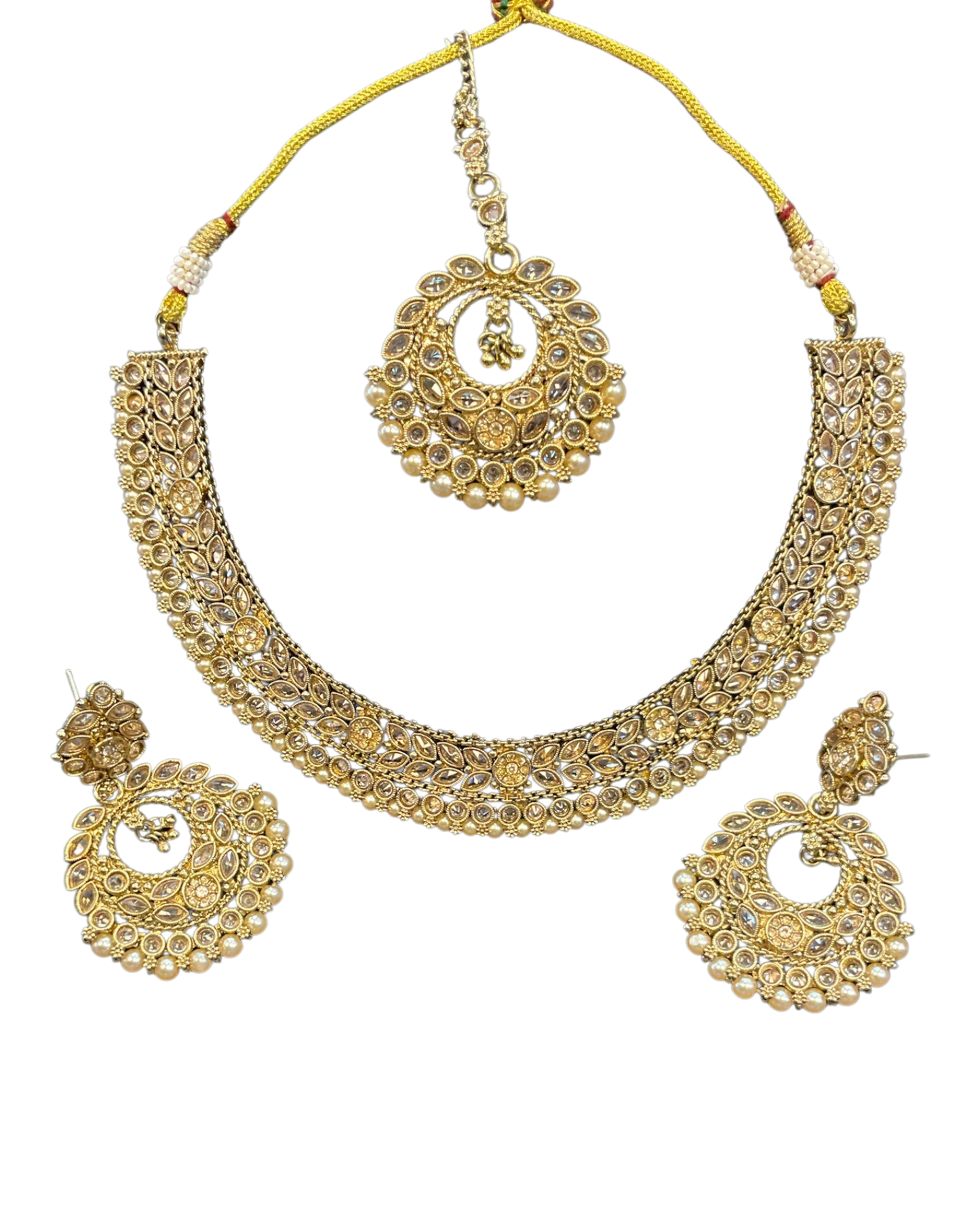 Pearl / Neutral - Medium Size Antique Gold Finish Necklace Set with Earrings - SJ07 08KY25