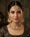 Pearl / Neutral - Medium Size Antique Gold Finish Necklace Set with Earrings - SJ07 08KY25