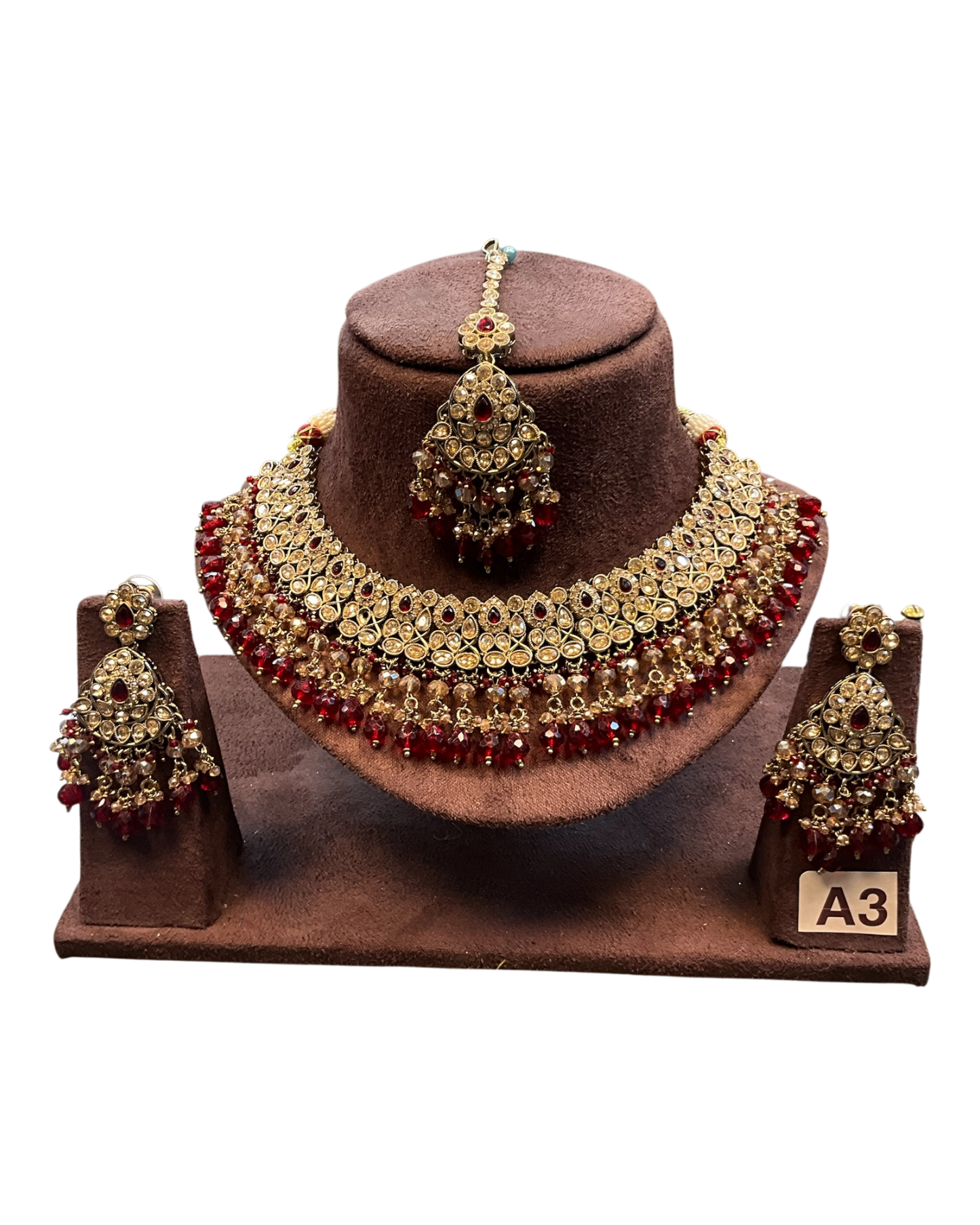 Red / Maroon - Large Size Antique Gold Finish Necklace Set with Earrings & Head Piece - JIG82 04KV26