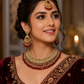 Red / Maroon - Large Size Antique Gold Finish Necklace Set with Earrings & Head Piece - JIG82 04KV26