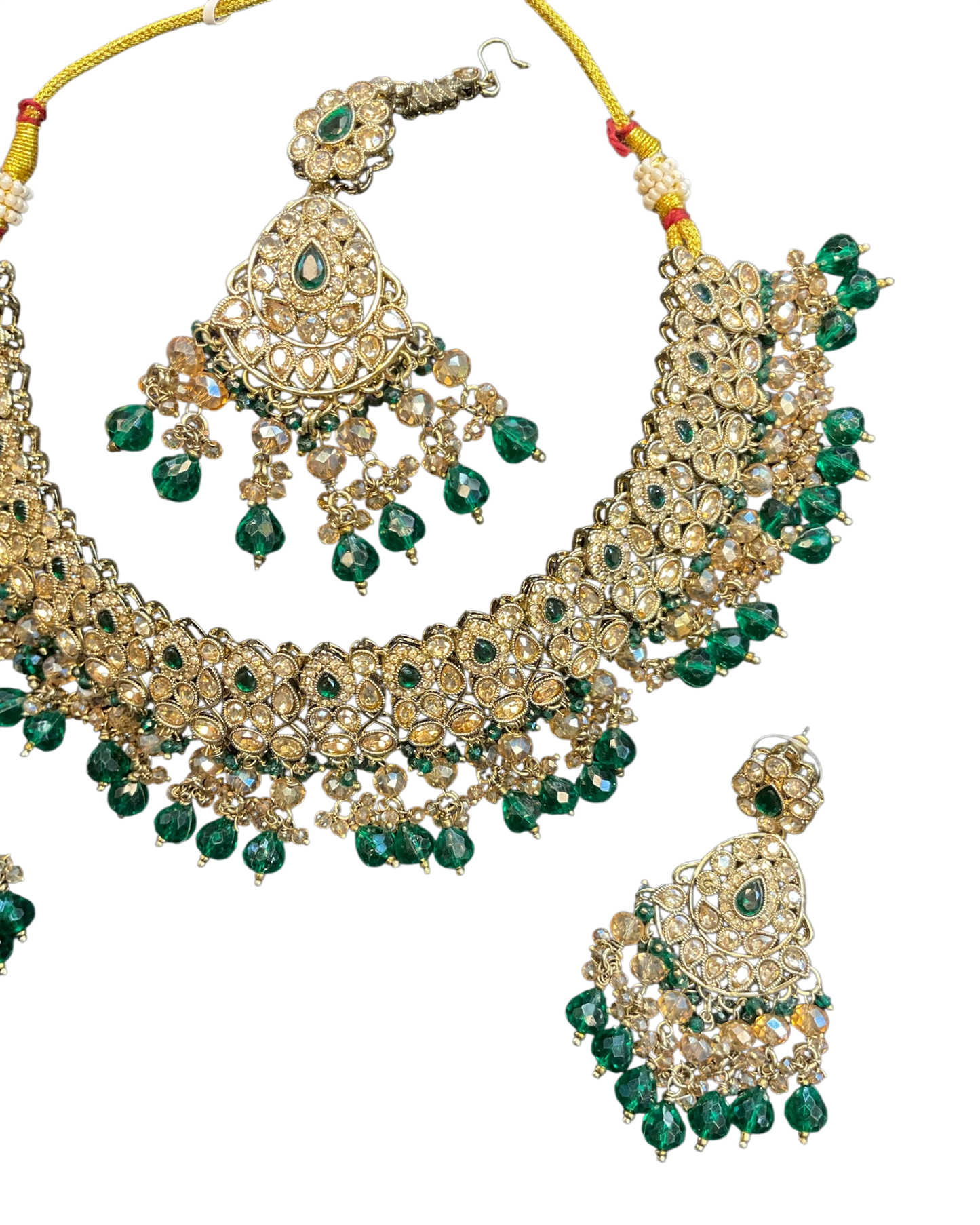 Green - Large Size Antique Gold Finish Necklace Set with Earrings & Head Piece - JIG82 04KV26