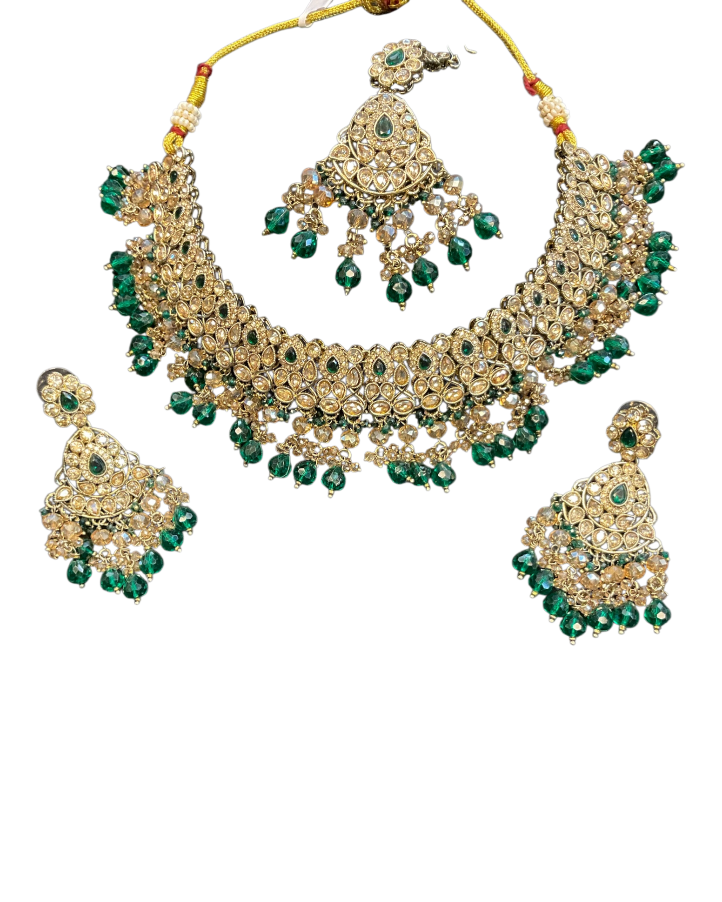 Green - Large Size Antique Gold Finish Necklace Set with Earrings & Head Piece - JIG82 04KV26