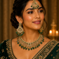 Green - Large Size Antique Gold Finish Necklace Set with Earrings & Head Piece - JIG82 04KV26