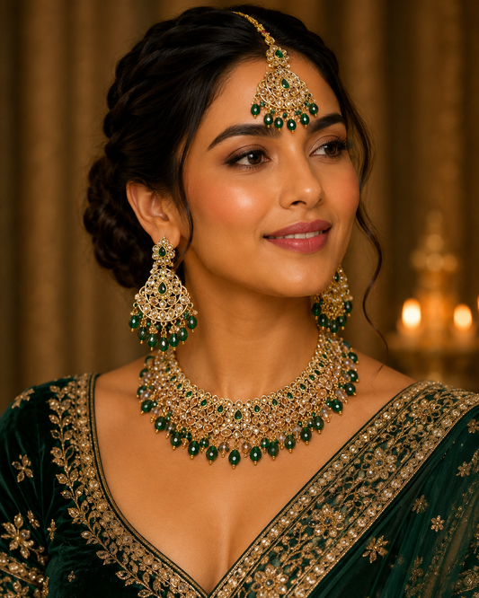 Green - Large Size Antique Gold Finish Necklace Set with Earrings & Head Piece - JIG82 04KV26