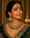 Green - Large Size Antique Gold Finish Necklace Set with Earrings & Head Piece - JIG82 04KV26