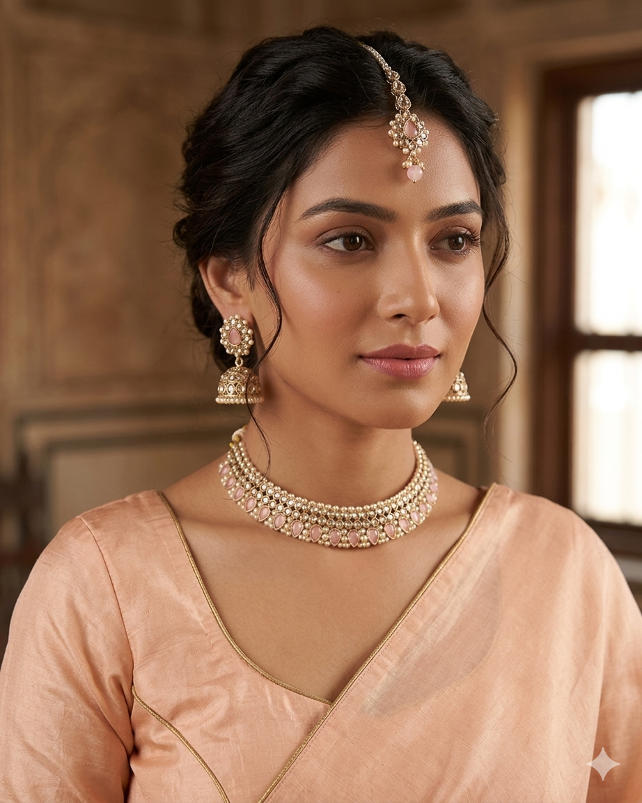 Baby Pink - Medium Size Antique Gold Finish Necklace Set with Earrings & Head Piece - 6NS449 04H26