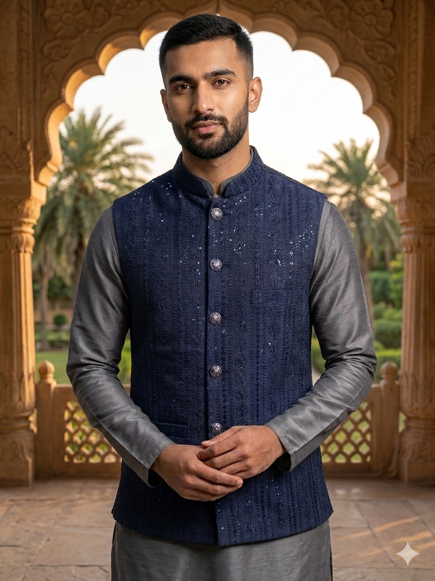Navy Blue - All Over Embroidered - Mens Indian Waistcoat - UK Stock - 24 hr Dispatch - KCS4089 06KC26