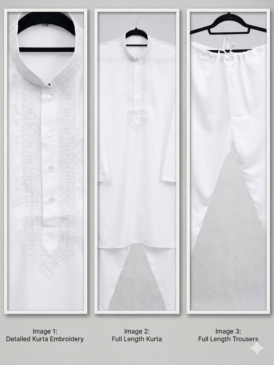 White - Soft Silky Mens Kurta Set with Neck Thread Embroidery -Eid Sangeet Mehendi Haldi - KCS2001 06KH26