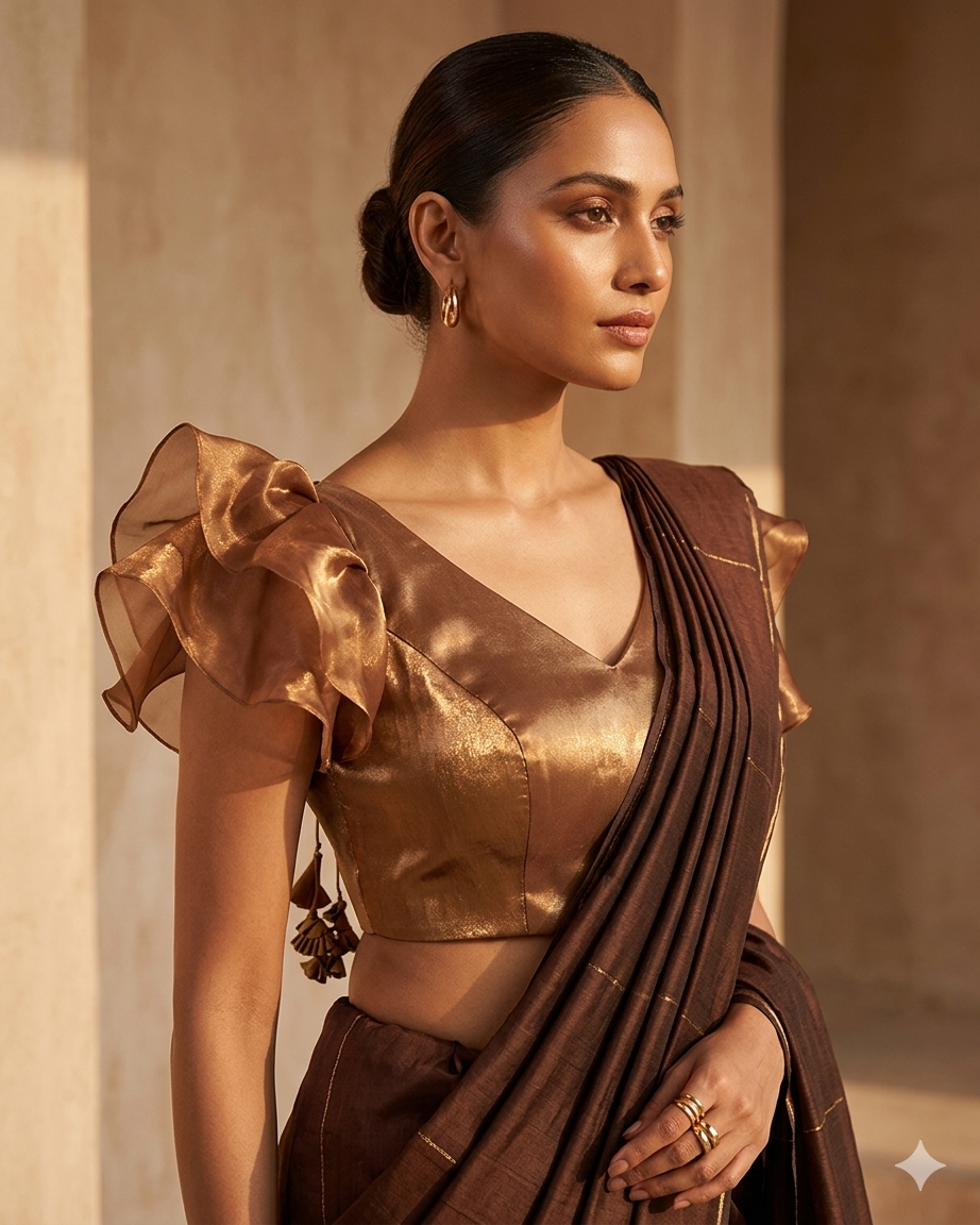 Size 36" / UK 10 - Copper Brown / Antique Gold - Butterfly Sleeves Saree blouse with cups - UK Stock - Quick Delivery - RNK - R975-KK