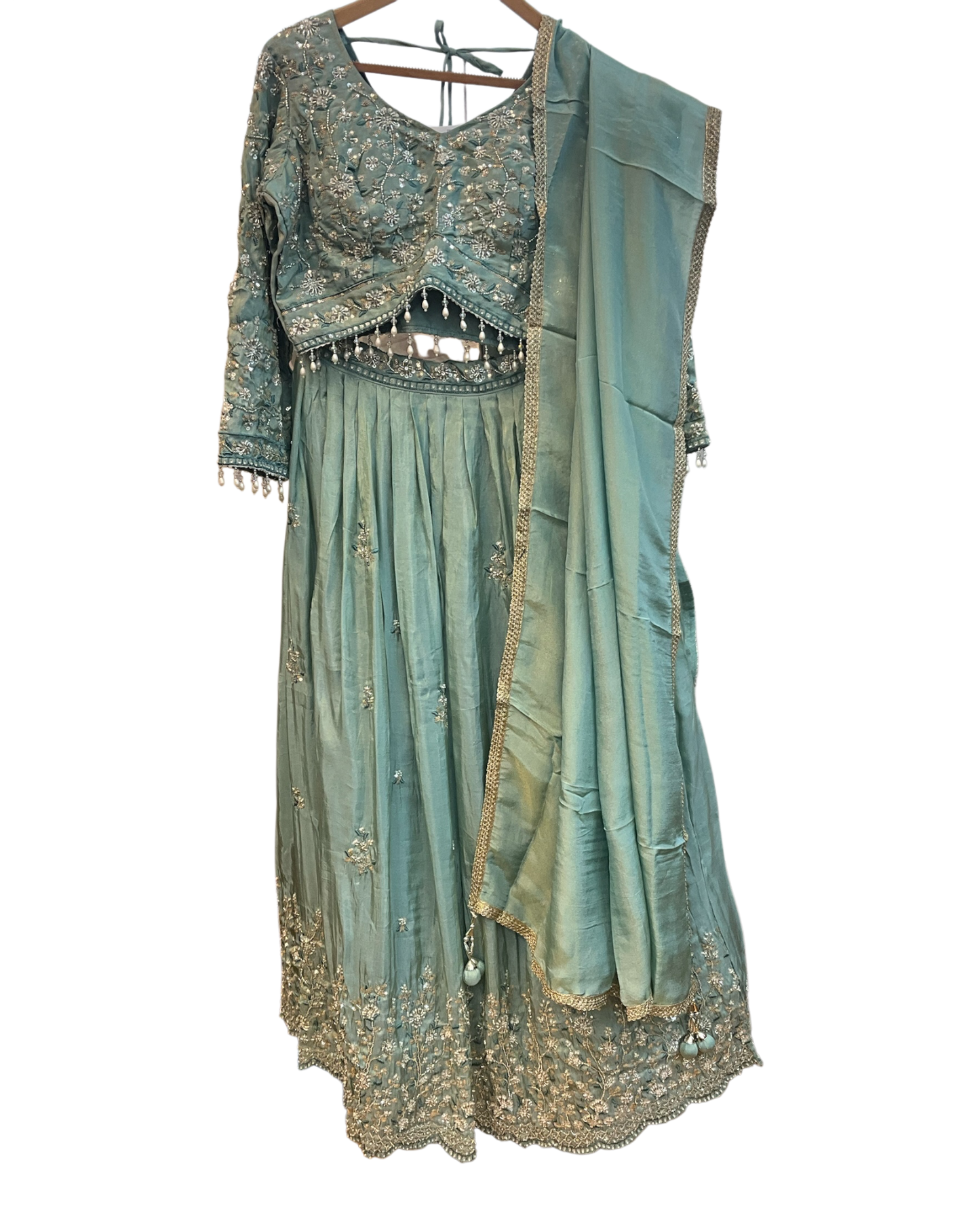 Size UK 14 (40" Bust) Long Sleeves - Pastel Turquoise - Silky Lehenga Set - Mehndi / Sangeet / Bridesmaids / Weddings / Garba  - UK Stock - 24h Dispatch - KM- VAN416 07JJ26