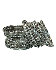 Clear White Stone and Pearl - Silver Finish Bangles Set (Set of 18) - UK stock - SM, M, L, XL JAN2611 05P25