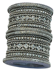 Clear White Stone and Pearl - Silver Finish Bangles Set (Set of 18) - UK stock - SM, M, L, XL JAN2611 05P25