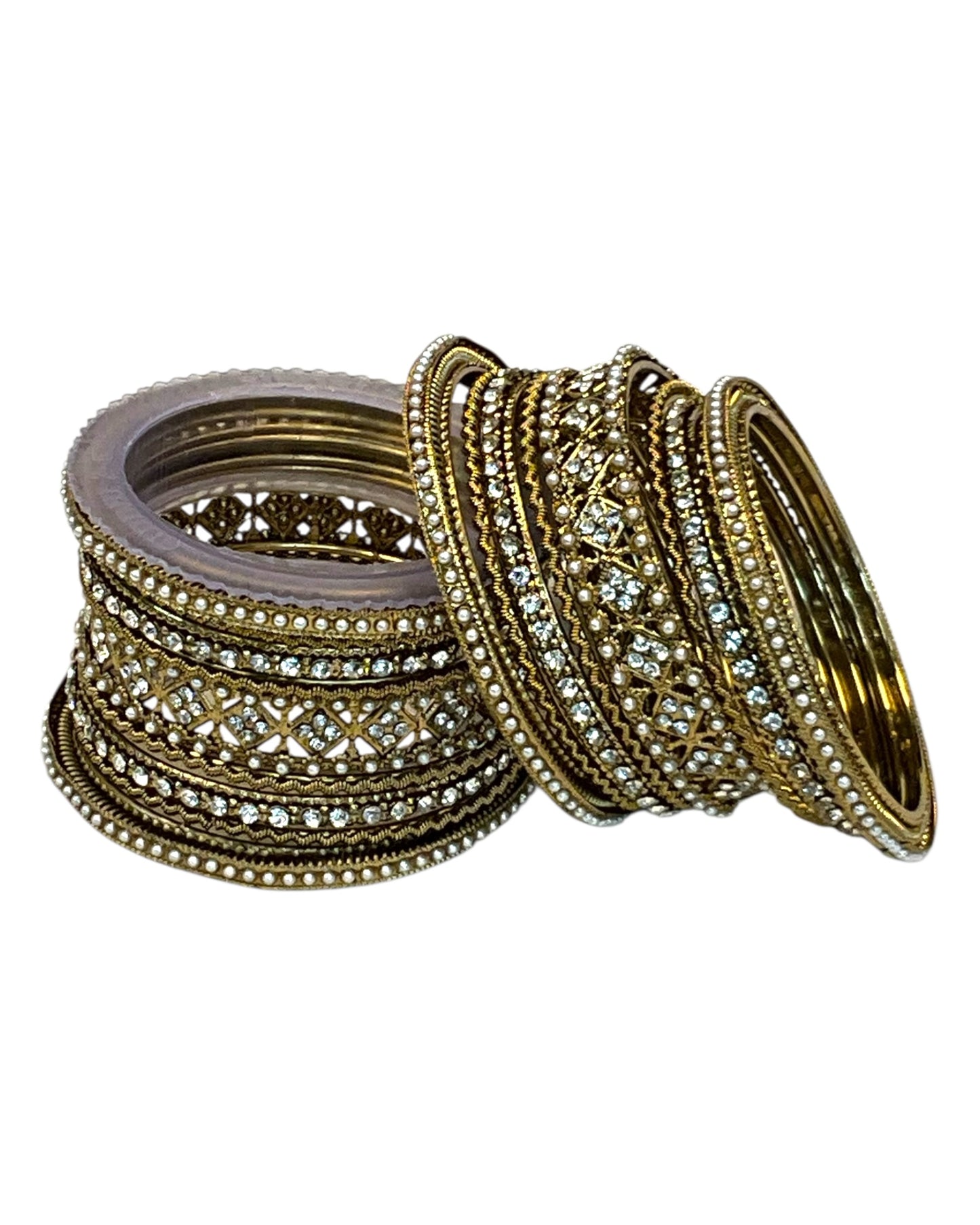 Clear White Stone and Pearl - Antique Gold Finish Bangles Set (Set of 18) - UK stock - SM, M, L, XL JAN2611 05P25