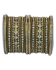 Clear White Stone and Pearl - Antique Gold Finish Bangles Set (Set of 18) - UK stock - SM, M, L, XL JAN2611 05P25