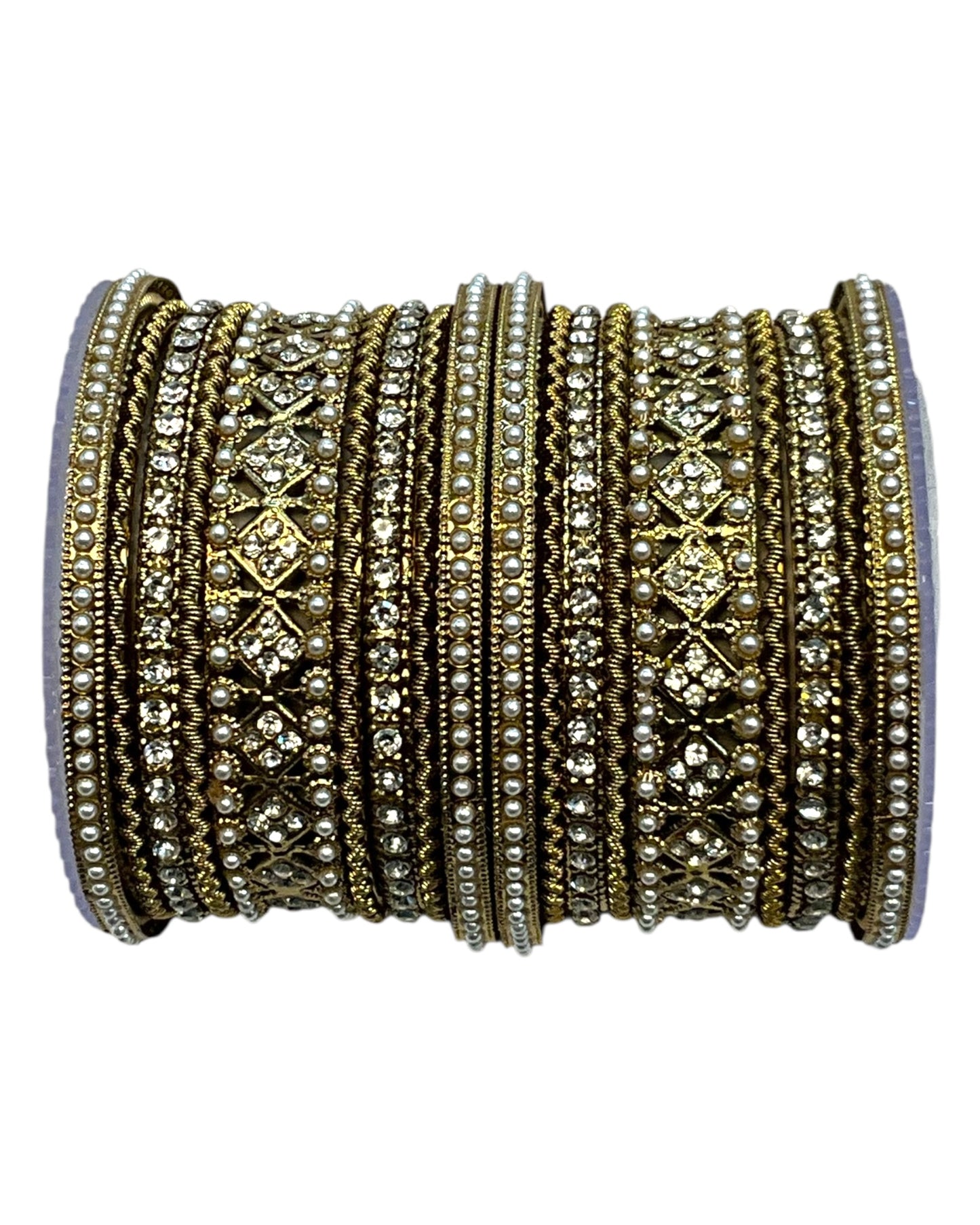 Clear White Stone and Pearl - Antique Gold Finish Bangles Set (Set of 18) - UK stock - SM, M, L, XL JAN2611 05P25