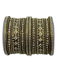 Clear White Stone and Pearl - Antique Gold Finish Bangles Set (Set of 18) - UK stock - SM, M, L, XL JAN2611 05P25